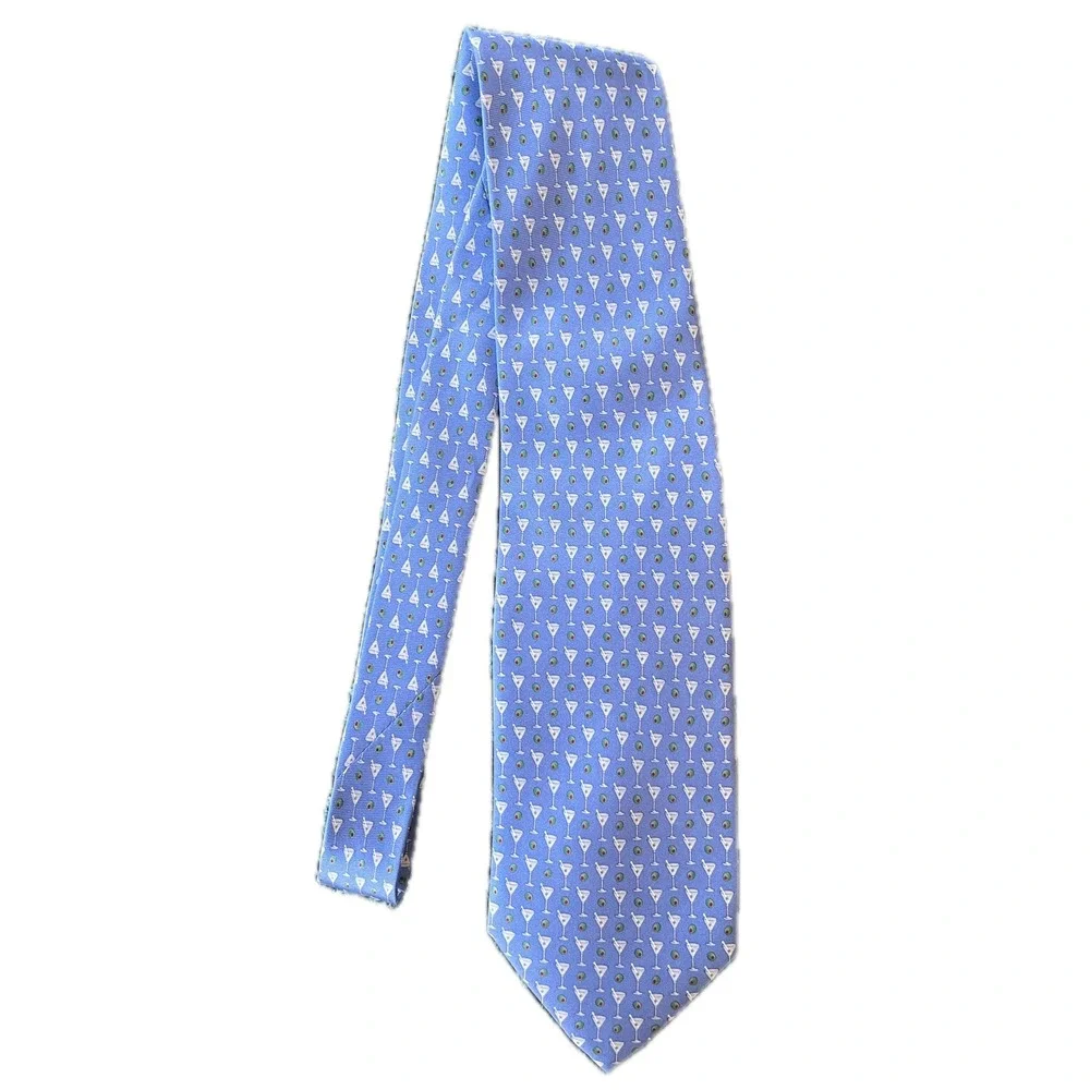 Vintage Silk Tie Light Blue Martini Glass Olive Cocktail Party Necktie Fun Funky